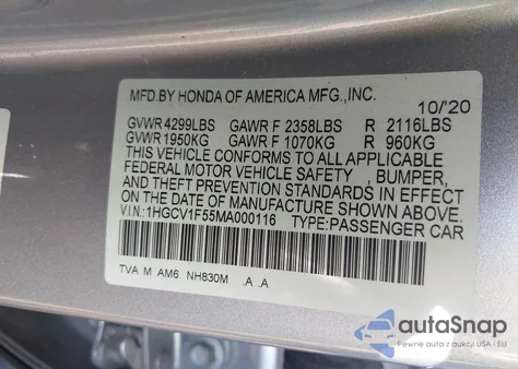 2021 Honda Accord Ex-L z USA, uszkodzony, nr VIN 1HGCV1F55MA000116
